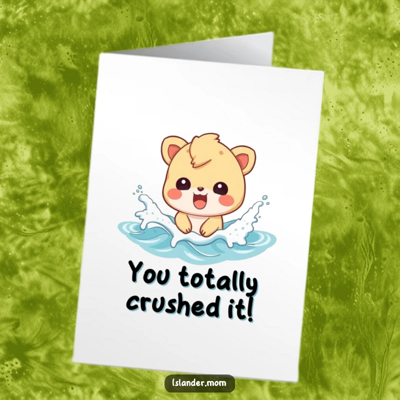 Funny Free Printable Congratulations Card featuring an islander animal character gleefully splashing in ocean waves, celebrating achievements.