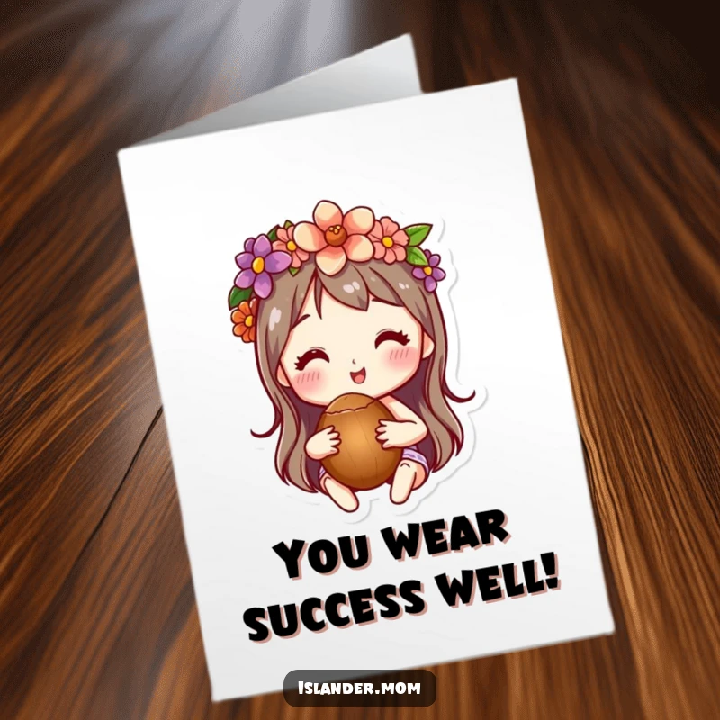 Funny Free Printable Congrats Card: Character in a flower crown, holding a coconut, celebrating a tropical success, fantastic Downloadable Art.