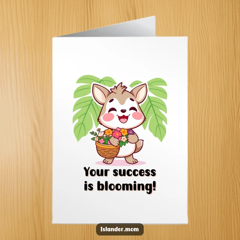 Funny Free Printable Congratulations Card: A smiling kawaii islander character holds a basket brimming with beautiful flowers.