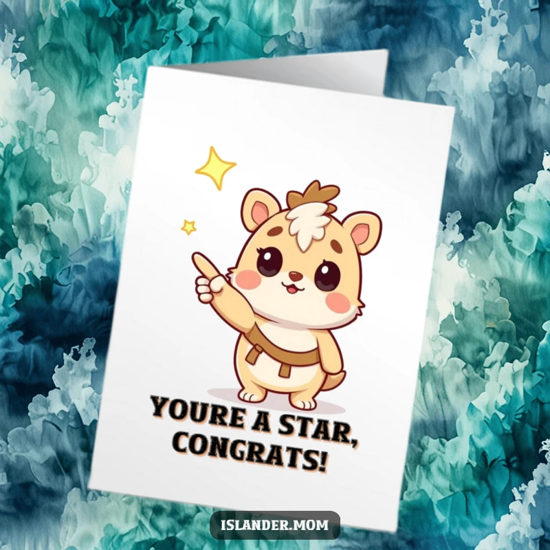 Funny Free Printable Congratulations Card: Cute islander animal pointing excitedly at a brilliant star for your amazing success.