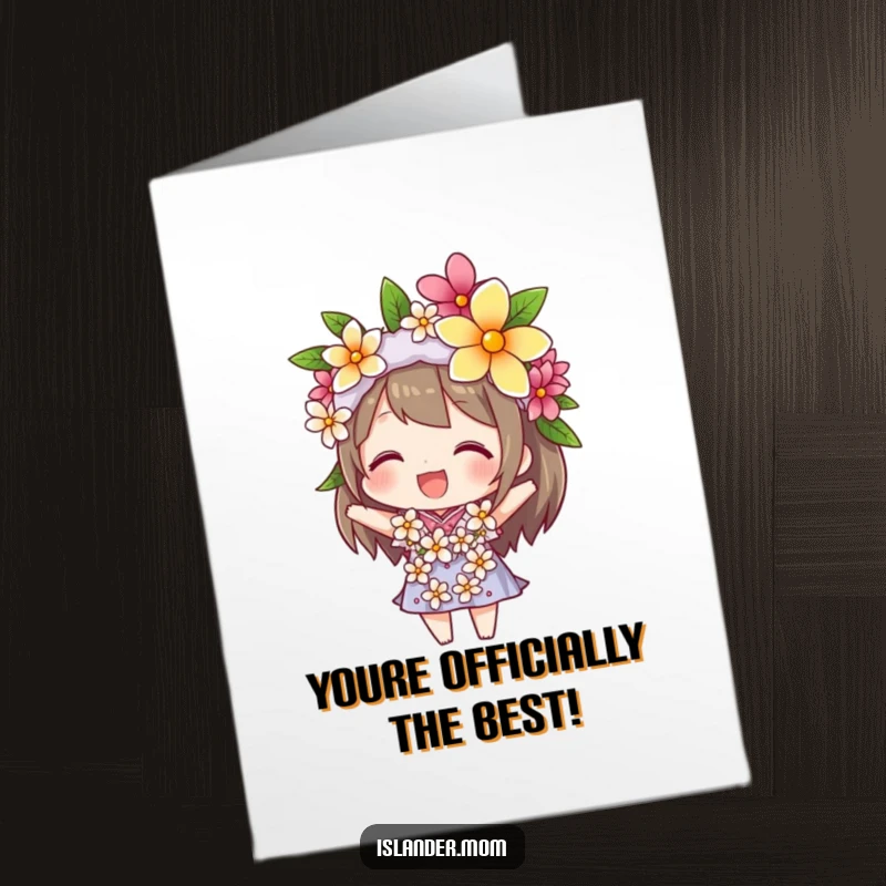 Funny Free Printable Congratulations Card: Character joyfully balancing a tropical flower lei on its head, radiating pure happiness.