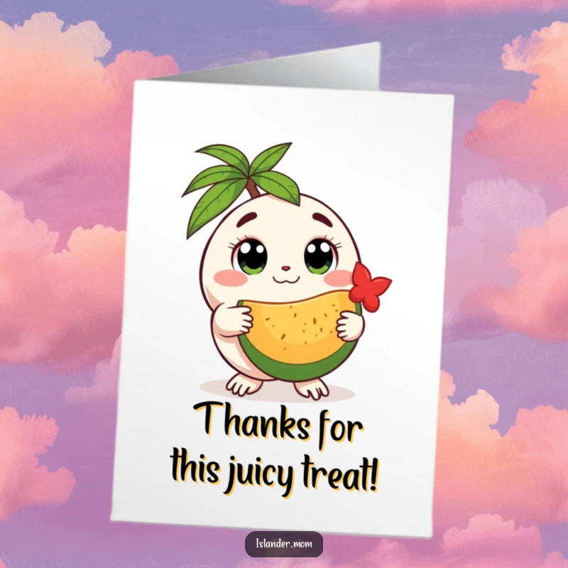 Funny Free Printable Thank You Card: Round island creature with big eyes offers a tropical fruit, saying thanks.