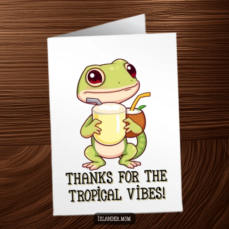 Funny Free Printable Thank You Card: Island gecko enjoys a coconut drink, expressing warm thanks.