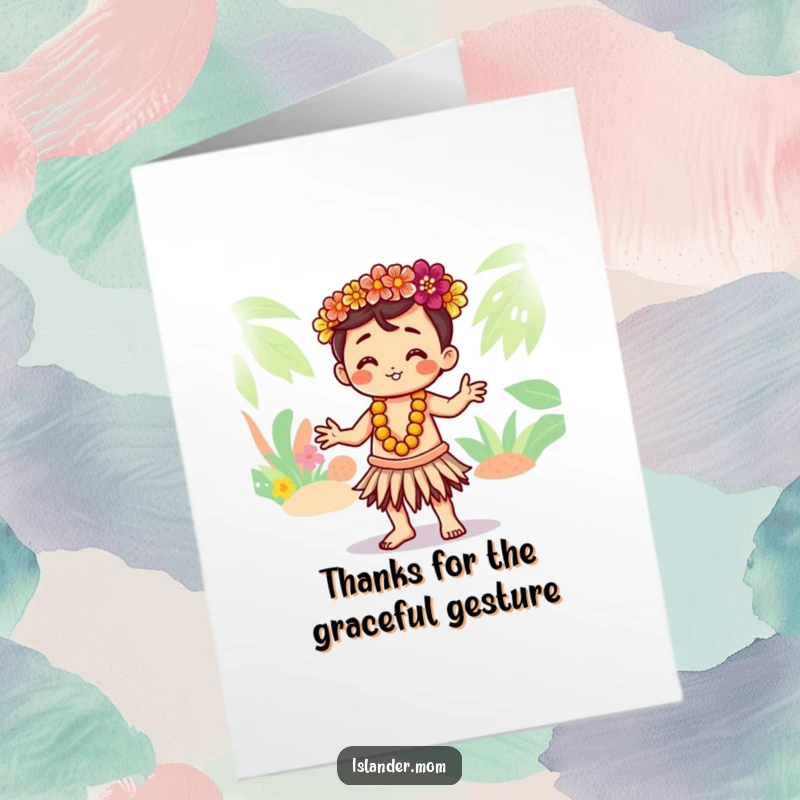 Funny Free Printable Thank You Card of a kawaii islander character hula dancing gracefully, offering thanks.