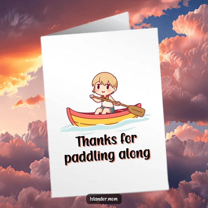 Funny Free Printable Thank You Card: Character paddling a small outrigger canoe with a smile, expressing thanks, great Downloadable Art.