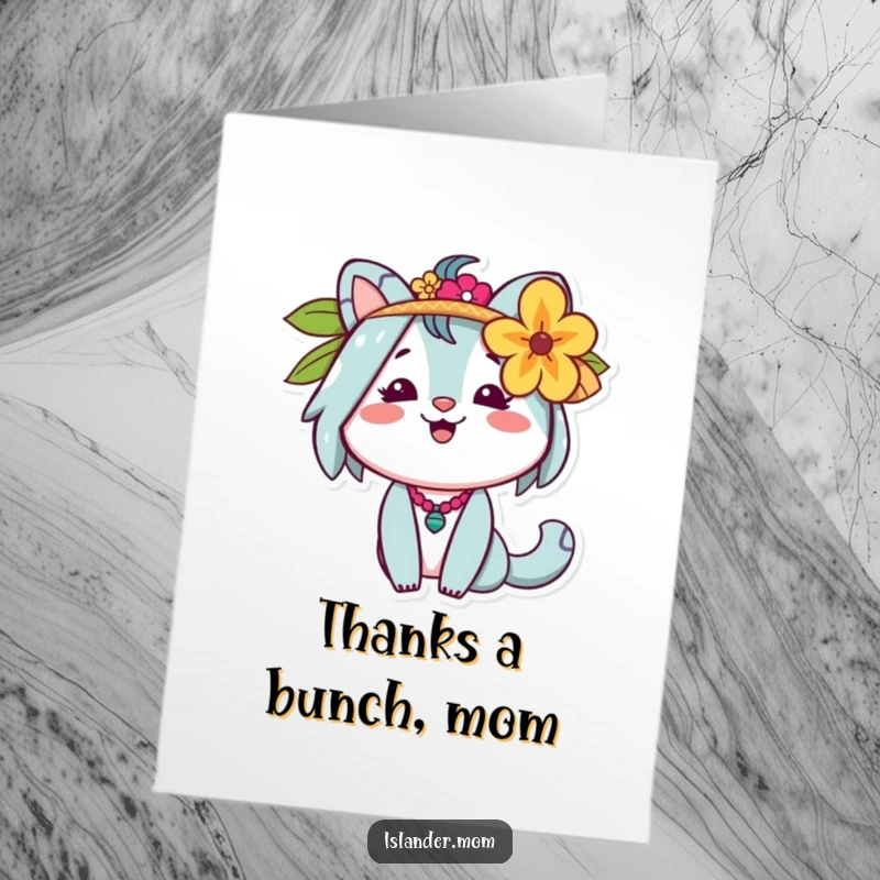 Cheerful Free Printable thank you card featuring a kind islander mom animal figure with a flower behind her ear, expressing gratitude.