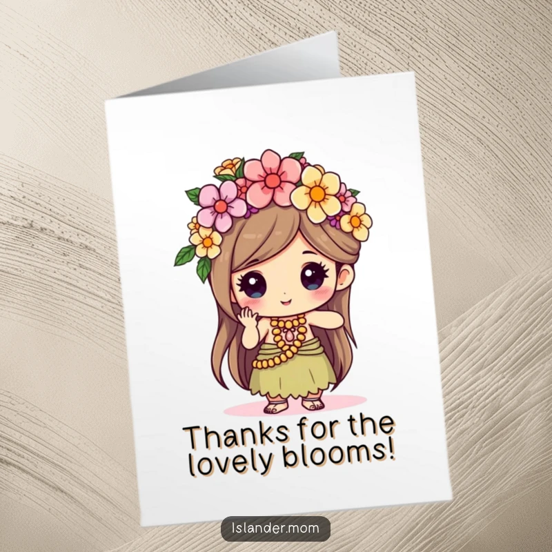 Funny Free Printable Thank You Card: Kawaii islander intently weaves a flower crown with a look of pure delight.