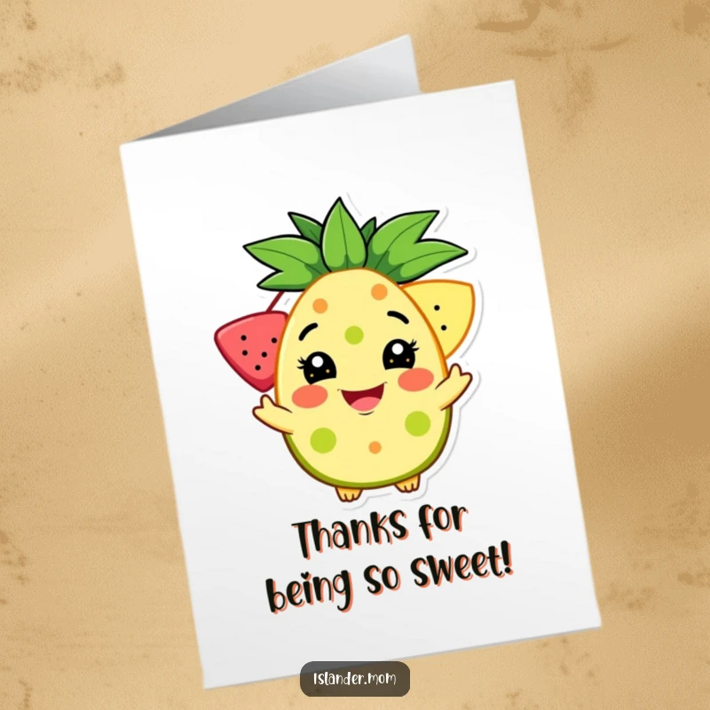 Funny Free Printable Thank You Card: Character joyfully offering a delicious tropical fruit with a beaming, sincere, and welcoming grin.