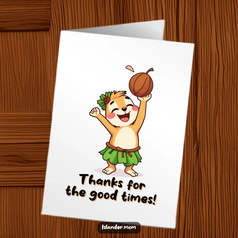 Funny Free Printable Thank You Card: Happy islander animal tosses a coconut with a huge grin, expressing thanks in a unique way.