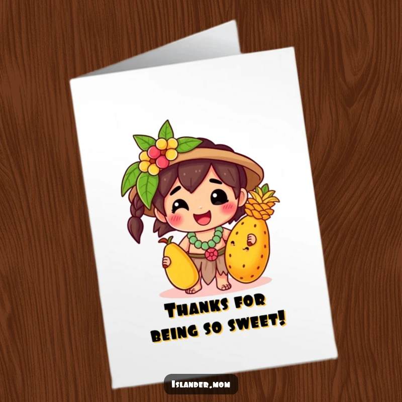 Funny Free Printable Thank You Card featuring a Kawaii islander character happily holding a tropical fruit, expressing sincere gratitude.