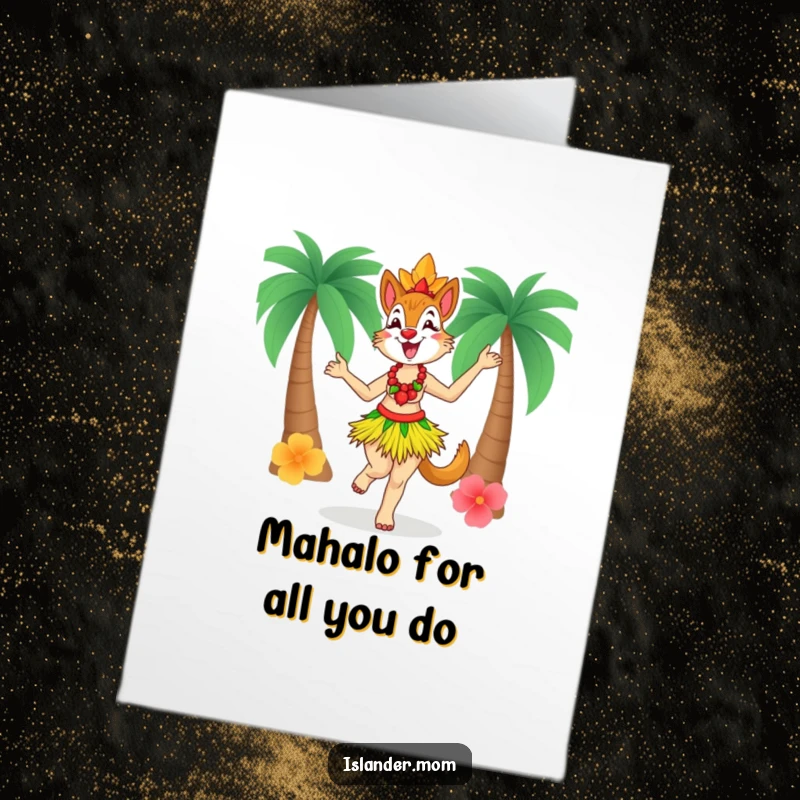 Funny free printable thank you card: a joyous islander mom animal in a grass skirt, dancing gratefully.