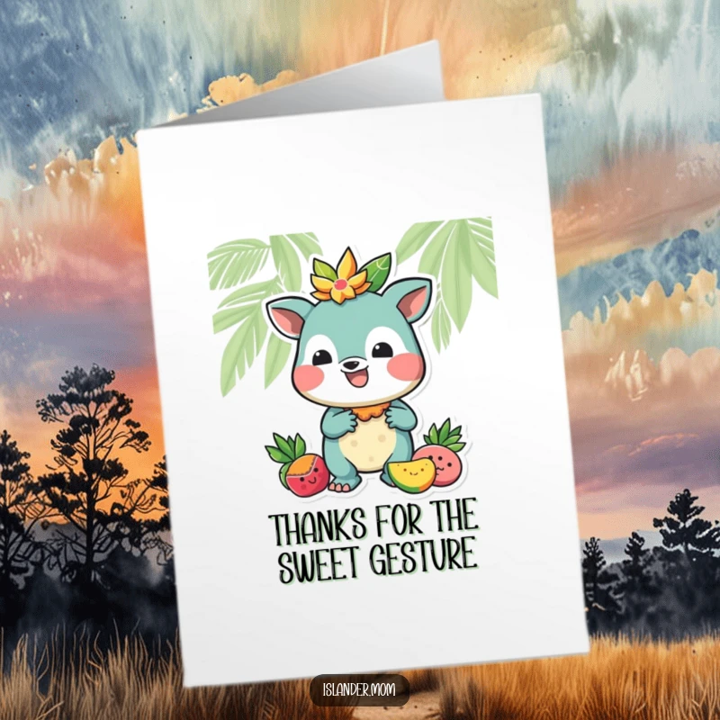 Funny Free Printable Thank You Card: Kind islander animal offering a ripe tropical fruit as a thank you gesture.