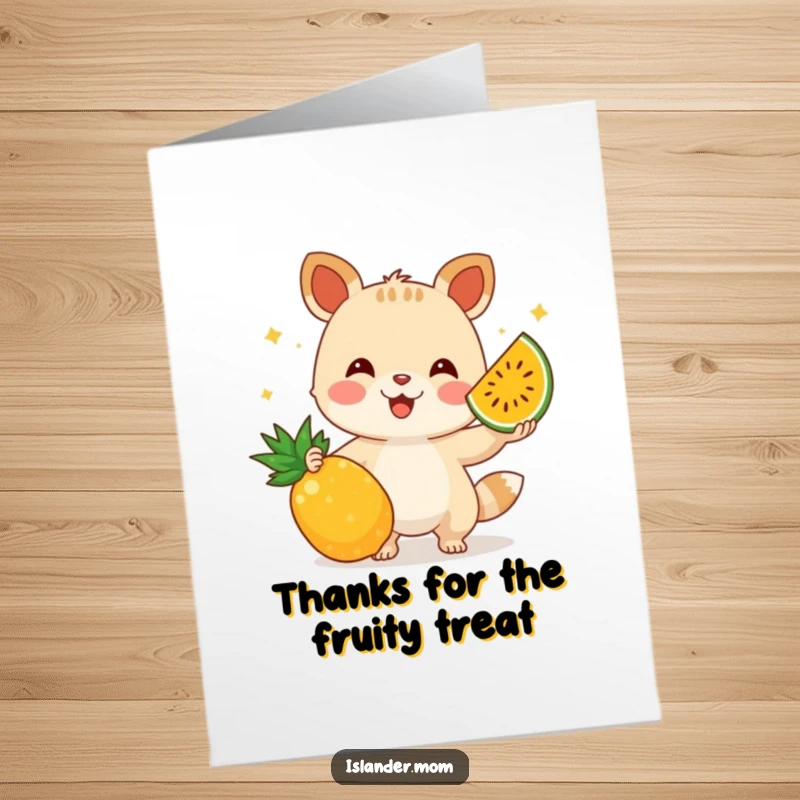 Funny free printable thank you card of a happy animal juggling various tropical fruits, conveying heartfelt gratitude.