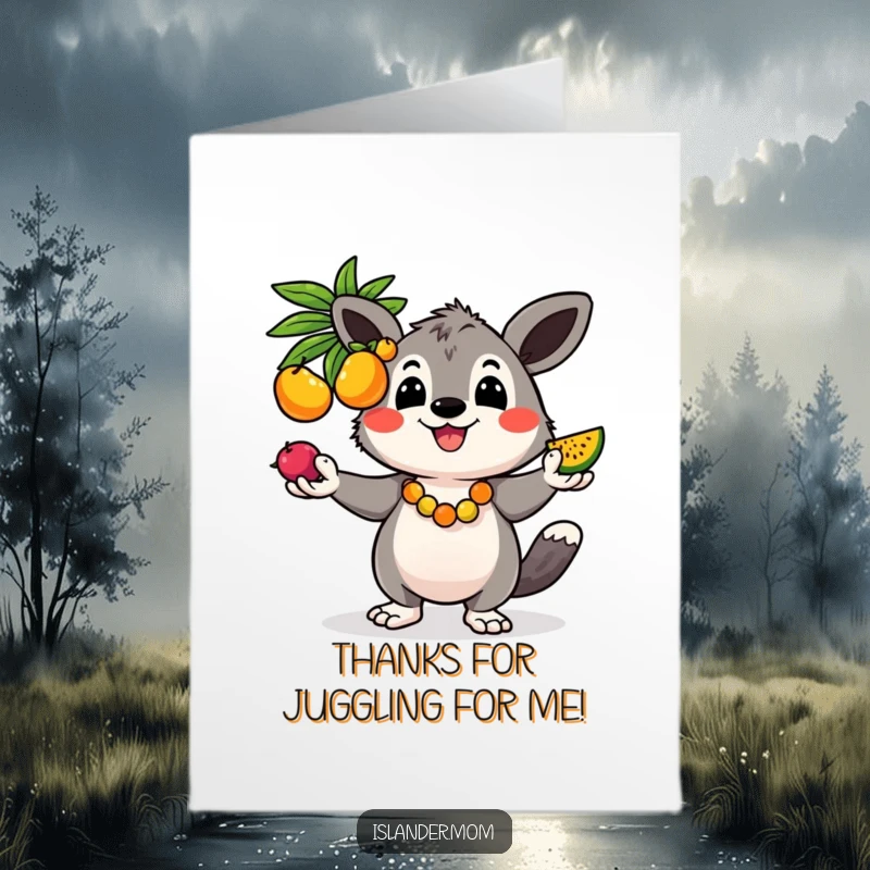 Funny Free Printable Thank You Card: Kawaii islander animal expertly juggling colorful fruits, smiling brightly to say thanks.