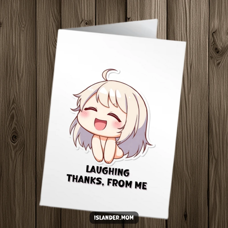 Funny Free Printable Thank You Card: Character laughing with eyes closed and head tilted back, expressing joy and gratitude, great Downloadable Art.