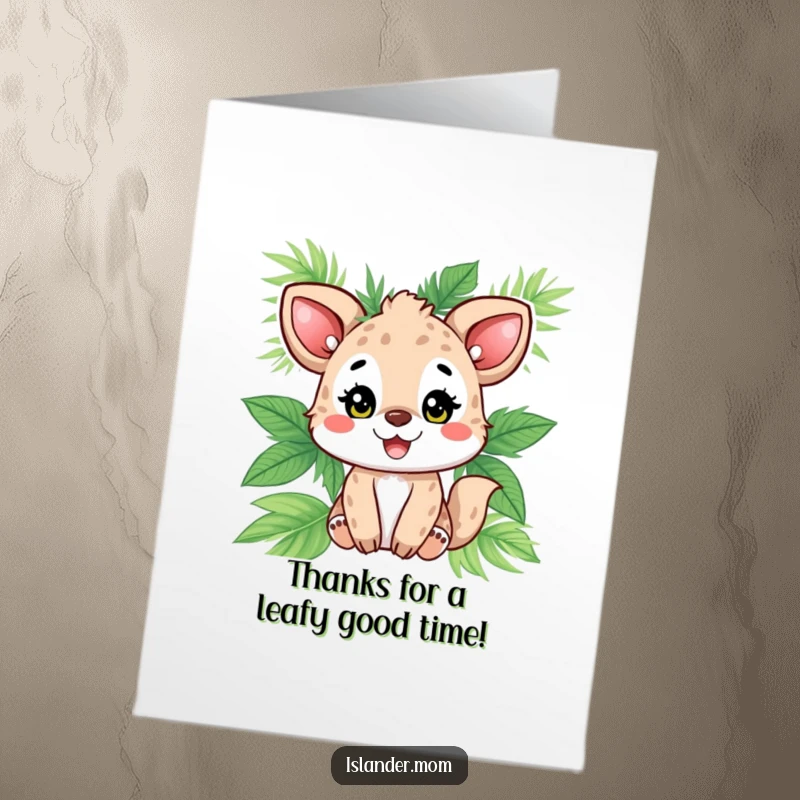 Funny Free Printable Thank You Card: A delighted animal with palm leaves beams, offering thanks with a sunny disposition.
