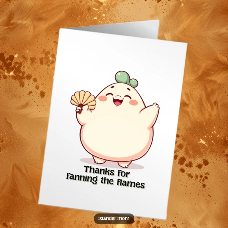 Funny free printable thank you card of a rotund character fanning with a shell, smiling broadly, excellent downloadable art.