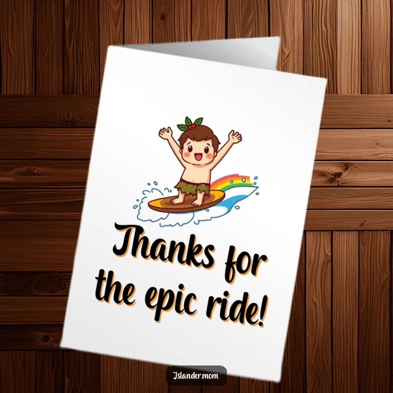 Funny Free Printable Thank You Card: Kawaii islander surfs a rainbow wave, radiating gratitude.
