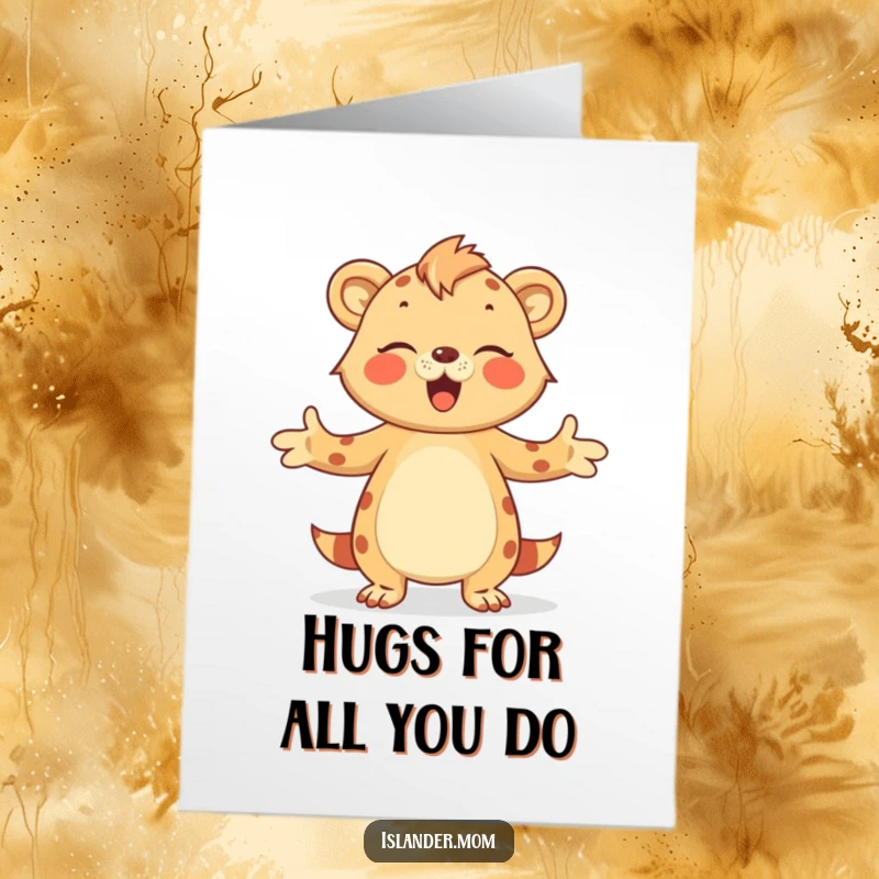 Funny Free Printable Thank You Card: An islander mom animal opens her arms wide for a loving, thankful hug.