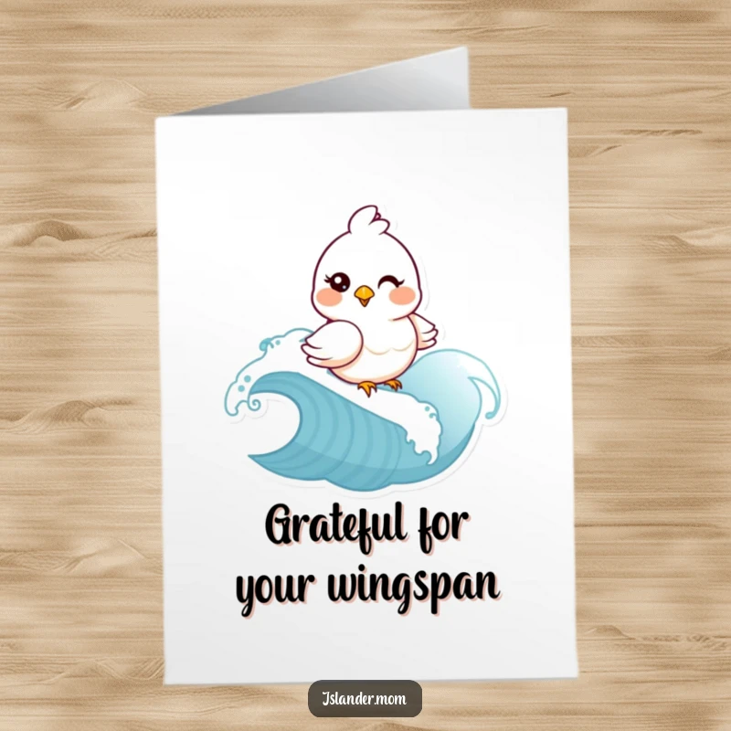 Funny free printable thank you card: a mama bird winks playfully as she surfs on a gentle ocean wave, expressing thanks.