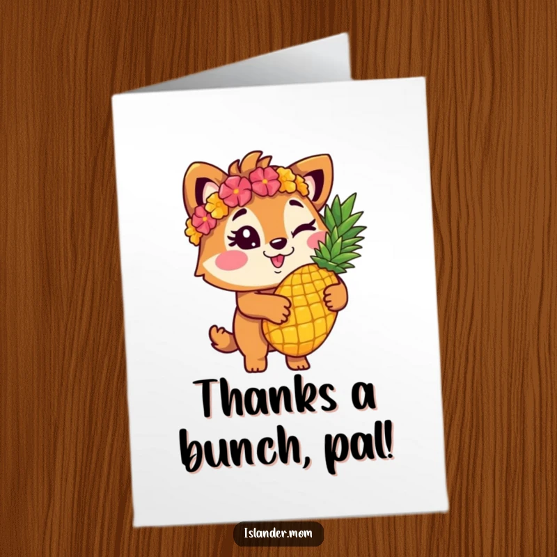 Funny free printable thank you card showing a winking islander animal presenting a pineapple with thanks.