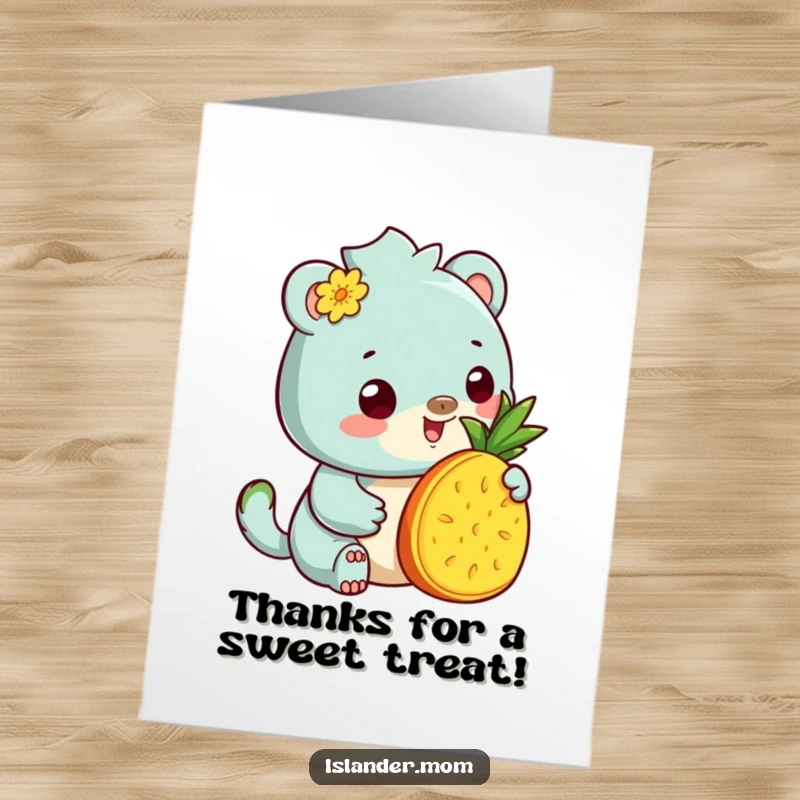 Funny Free Printable Thank You Card: Kawaii islander animal offering a pineapple slice with a genuinely warm smile.