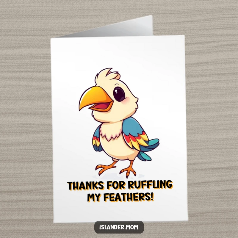 Funny Free Printable Thank You Card: Playful island bird shimmies its colorful feathers, expressing thanks.