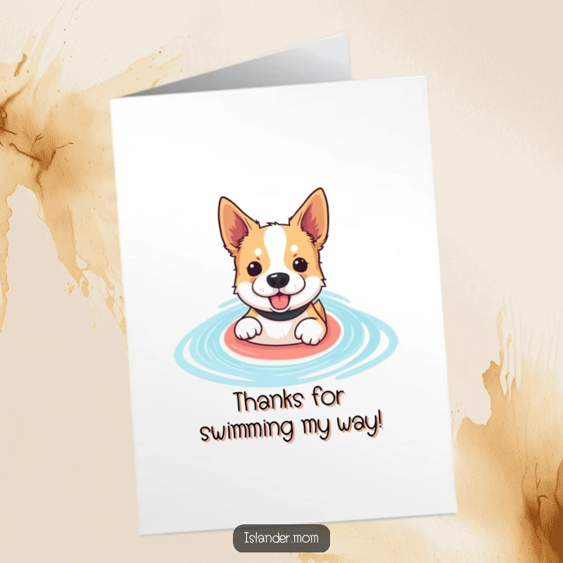 Funny Free Printable Thank You Card: Dog paddles enthusiastically in a serene blue lagoon, sending thanks with joy.
