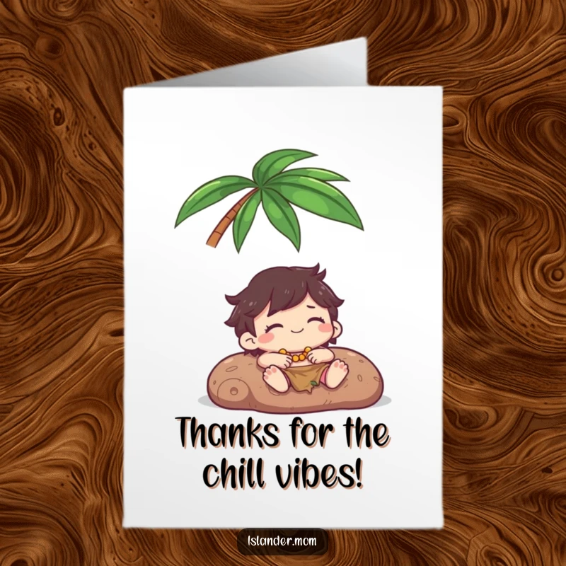 Funny Free Printable Thank You Card featuring a Kawaii islander character happily relaxing under a palm tree, eyes closed in peaceful gratitude.