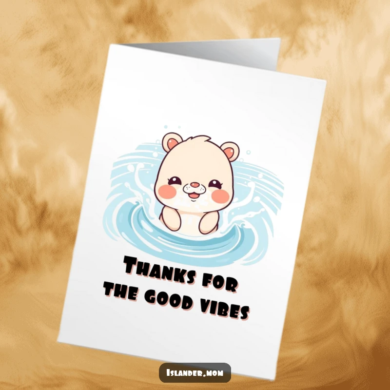Funny Free Printable Thank You Card: An islander mom animal playfully splashes in gentle ocean waves, expressing gratitude.