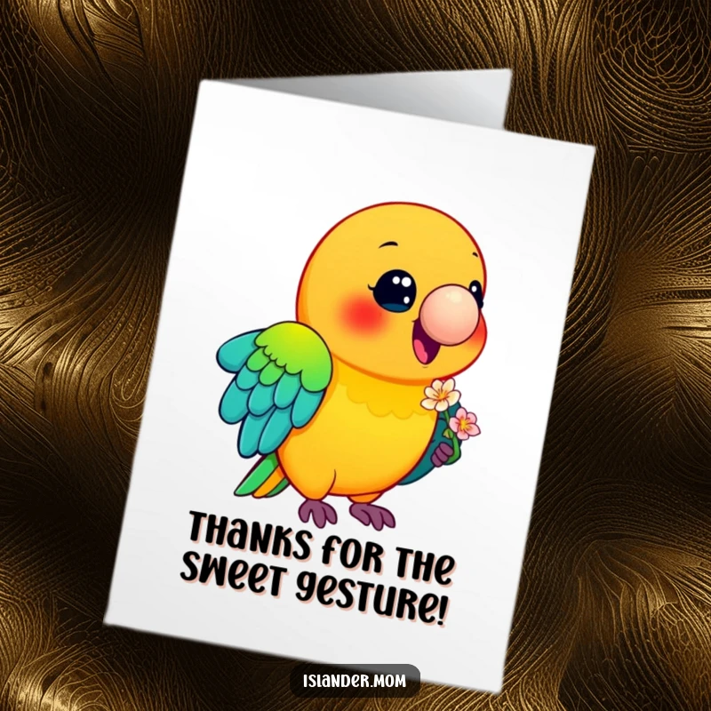 Funny Free Printable Thank You Card with a smiling parrot carrying a flower, conveying thanks with exotic charm.