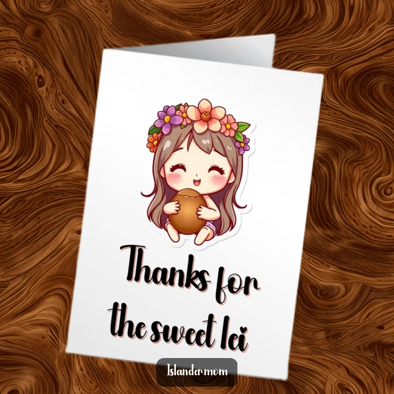 Funny Free Printable Thank You Card: Character wearing a flower crown, holding a coconut, expressing thanks with a tropical vibe, great Downloadable Art.