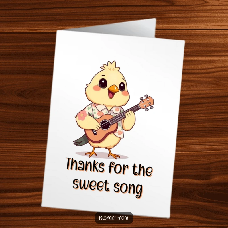 Funny Free Printable thank you card of a mama bird in a floral shirt, joyfully strumming a ukulele, a musical way to convey thanks.
