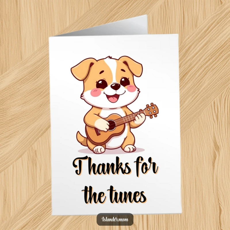 Funny Free Printable Thank You Card: Dog playing a ukulele with a happy, focused expression, sharing grateful music.