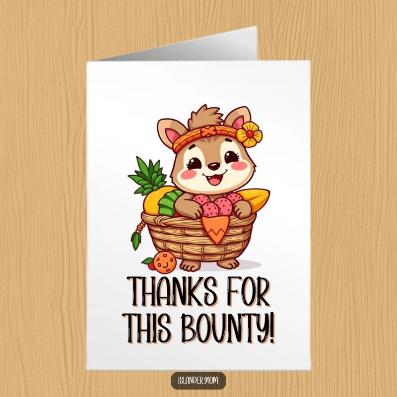 Funny Free Printable Thank You Card: Grateful islander animal holds a full basket of delicious tropical fruits, saying thanks with a grin.