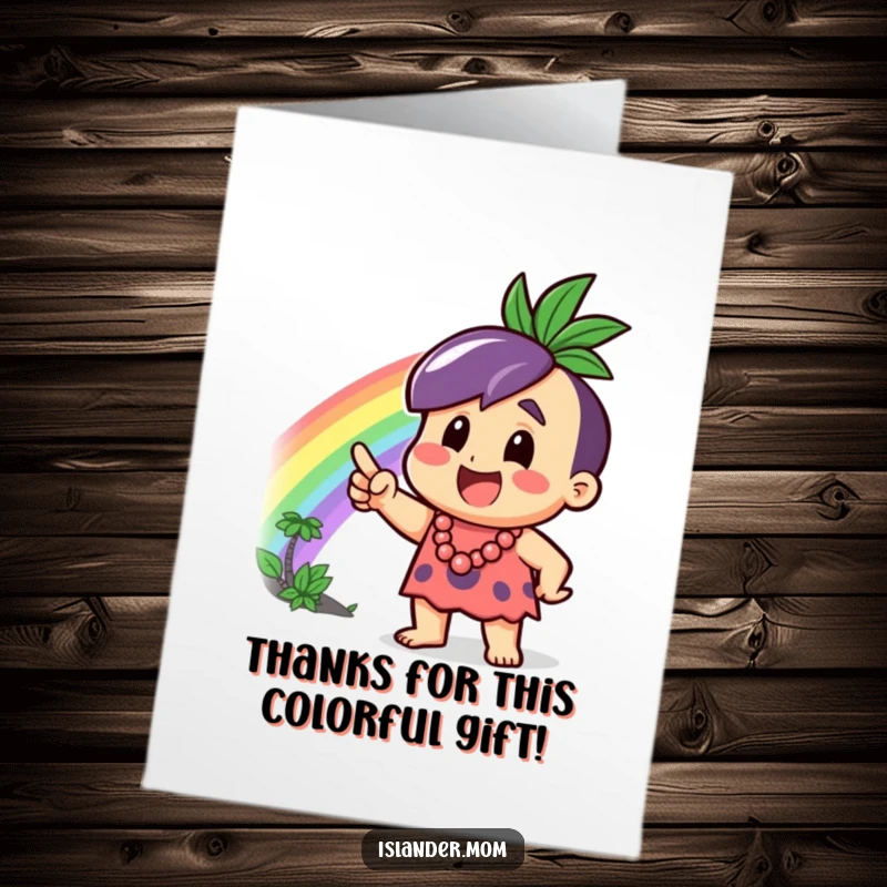 Funny Free Printable Thank You Card: An islander with a huge smile points at a colorful rainbow, expressing thanks.