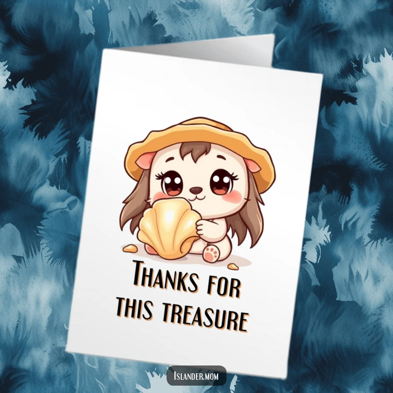 Funny free printable thank you card of a kawaii islander animal with wide eyes finding a beautiful, shiny seashell, a token of thanks.