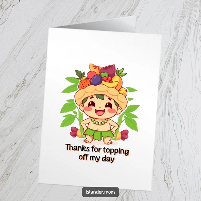 Funny Free Printable Thank You Card: A cute islander character balances fruit on their head, smiling broadly to convey sincere thanks.