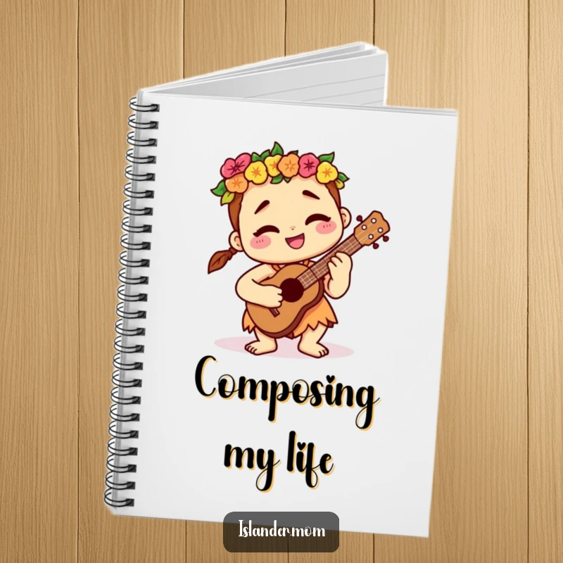 Funny kawaii islander character playing a ukulele with a contented smile, featured on the cover of a music-themed notebook.