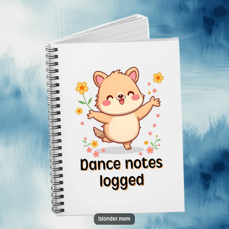 Funny Notebook: Journal with a cover showing a kawaii islander animal dancing energetically among flowers, perfect for notes and creative bursts.