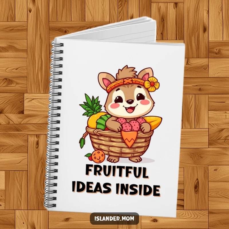 Funny notebook cover featuring a smiling islander animal character holding a woven basket brimming with colorful tropical fruits, perfect for capturing island thoughts.