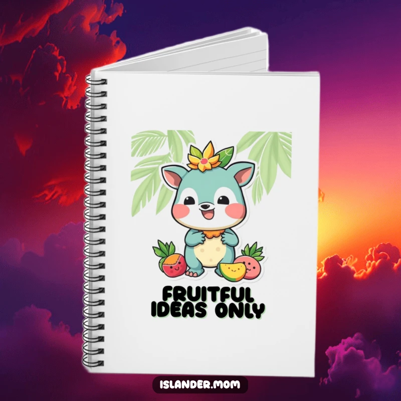 Funny notebook cover with an island animal character offering a tropical fruit, designed for notes and creative ideas.