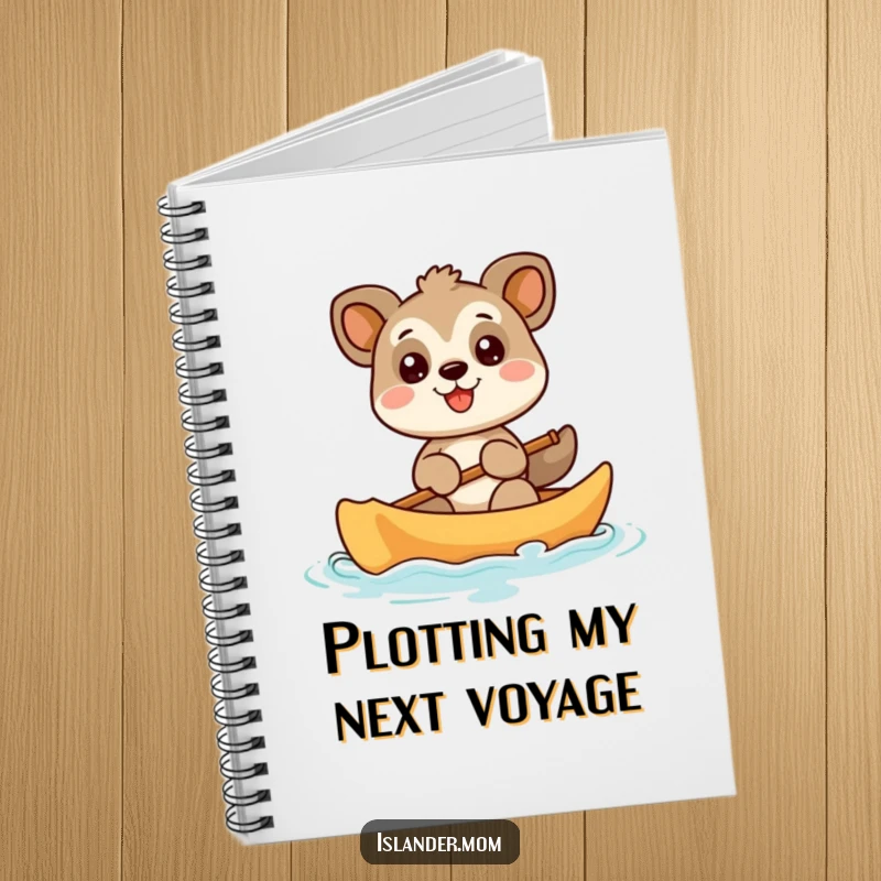Funny animal character happily paddling a canoe with a broad smile, a humorous notebook design for jotting down ideas and plans.