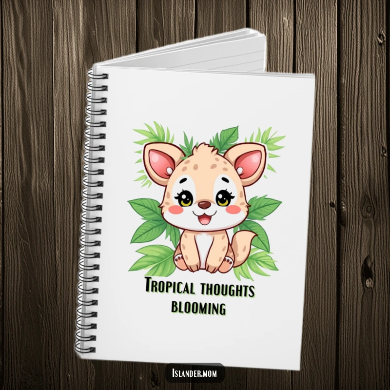 Funny animal character beaming with joy, adorned with palm leaves, a humorous notebook for capturing bright ideas and tropical inspiration.