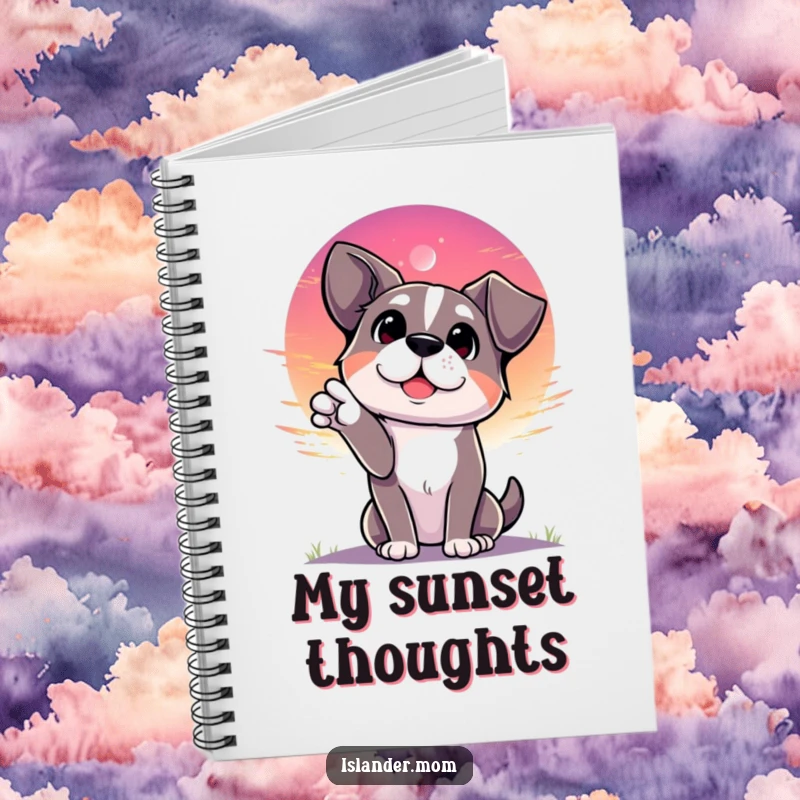 Funny dog looking towards a vibrant sunset with eyes full of wonder, reflective journal, canine appreciation notebook.