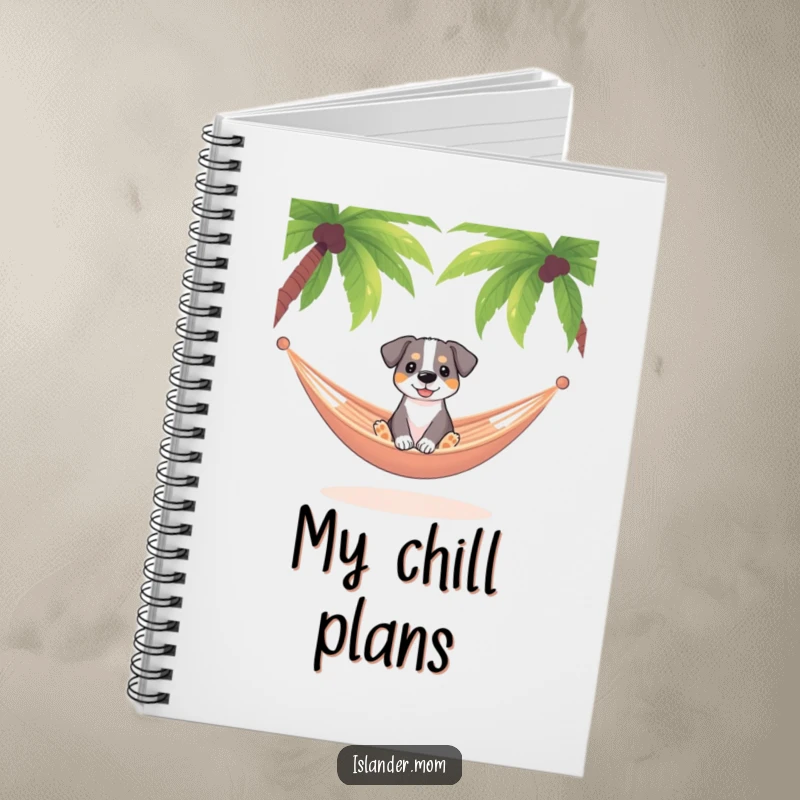 Funny dog sitting in a hammock swaying gently between palm trees, relaxed vacation journal, tropical notes design.