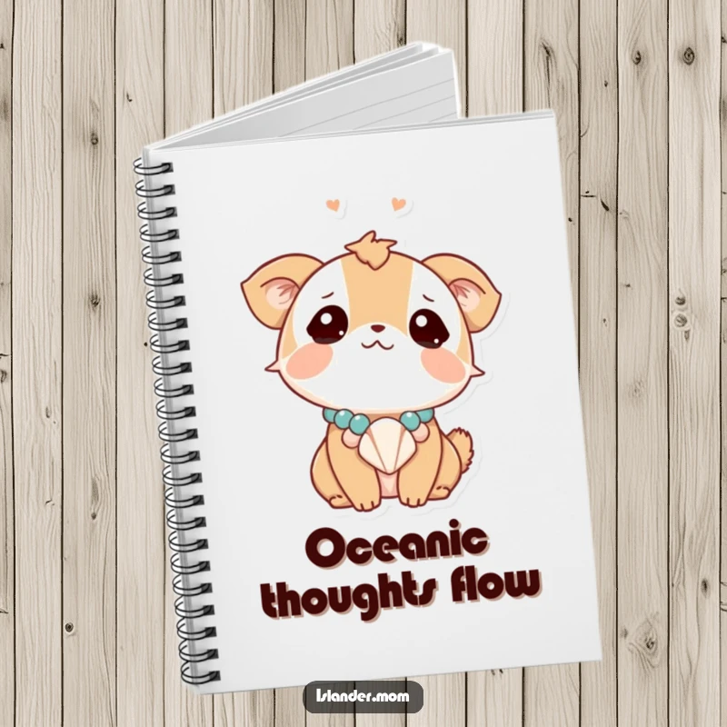 Funny animal character looking dreamily upwards, wearing a seashell necklace, a humorous notebook for capturing creative ideas and reflections.