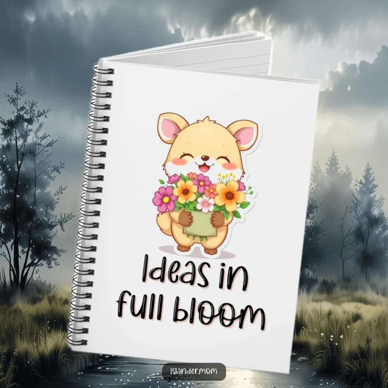 Funny animal character giggling and holding colorful flowers, a humorous notebook for capturing creative ideas and happy thoughts.