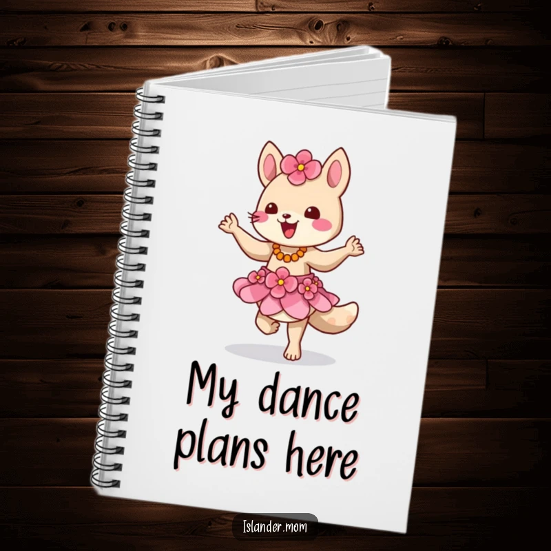 Funny notebook cover featuring an island animal character in a flower skirt, dancing energetically, ready for creative notes.