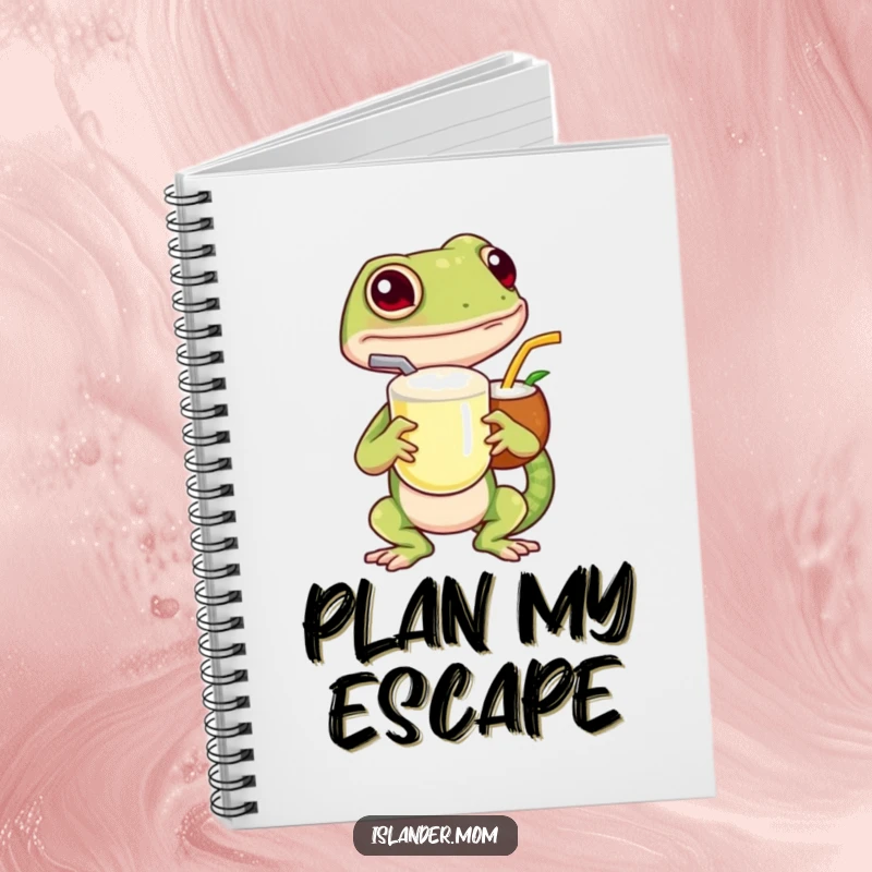 Funny island gecko notebook, featuring a gecko holding a coconut drink, perfect for jotting down notes and ideas.